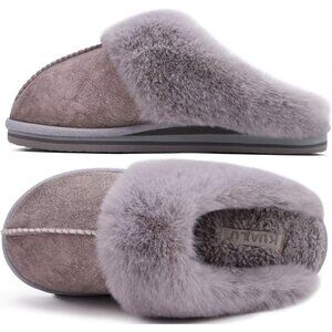 ⚡Women Grey Suede Fluff Dual Memory Foam Arch Support Warm Scuff Slipper